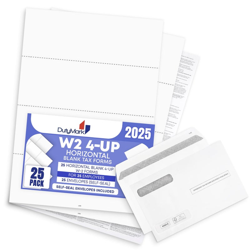 Dutymark Blank W2 4-Up Horizontal Tax Forms 2025, 25 Employee Set, Designed for QuickBooks Online and Accounting Software, with Back Instructions, 25 Self Seal Envelopes Included, 4 Down Forms - Image 3